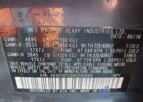 2017 Subaru Outback 2.5I Premium z USA, uszkodzony, nr VIN 4S4BSACCXH3206690